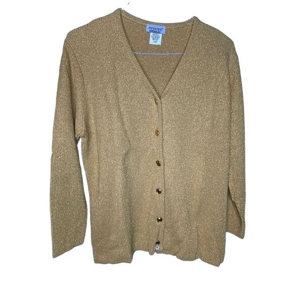 QVC fashion formulas NOS deadstock gold lame long sleeve button front cardigan L - Picture 1 of 7